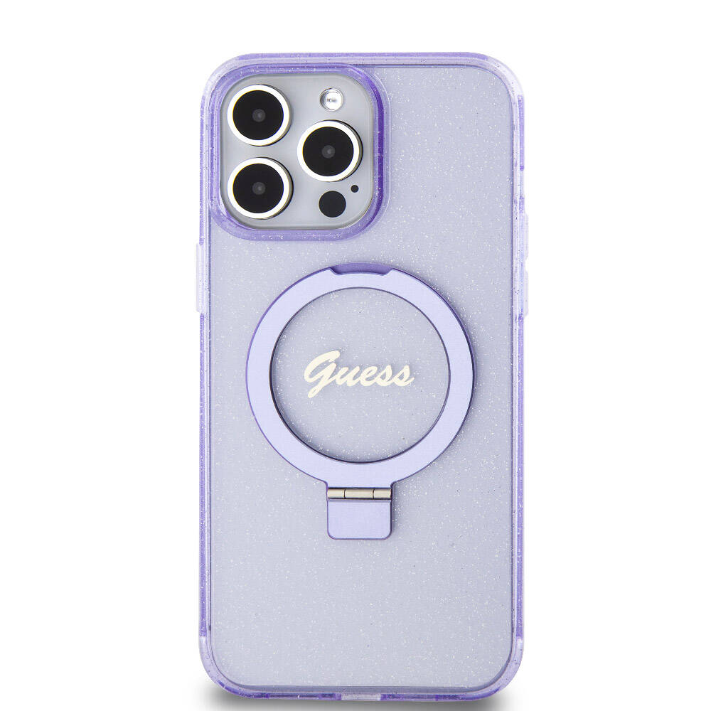 Apple iPhone 15 Pro Max Kılıf Guess Orjinal Lisanslı M-safe Şarj Özellikli Simli Arka Yüzey Ring Standlı Kapak