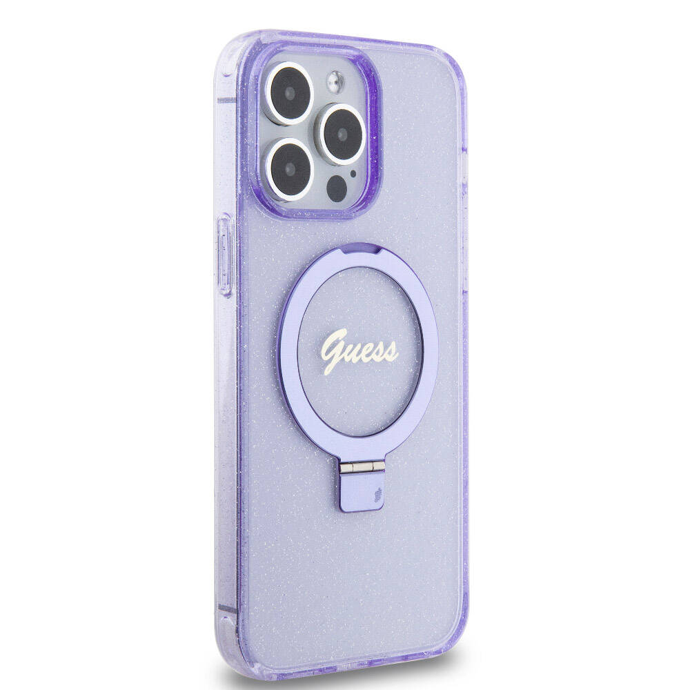 Apple iPhone 15 Pro Max Kılıf Guess Orjinal Lisanslı M-safe Şarj Özellikli Simli Arka Yüzey Ring Standlı Kapak