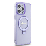Apple iPhone 15 Pro Max Kılıf Guess Orjinal Lisanslı M-safe Şarj Özellikli Simli Arka Yüzey Ring Standlı Kapak