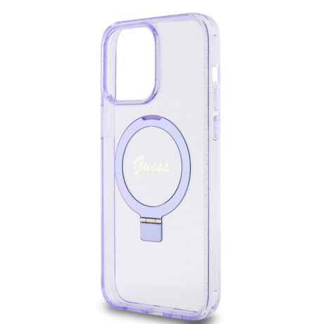 Apple iPhone 15 Pro Max Kılıf Guess Orjinal Lisanslı M-safe Şarj Özellikli Simli Arka Yüzey Ring Standlı Kapak
