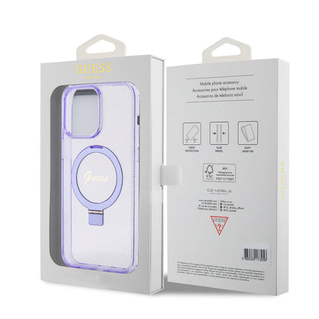 Apple iPhone 15 Pro Max Kılıf Guess Orjinal Lisanslı M-safe Şarj Özellikli Simli Arka Yüzey Ring Standlı Kapak