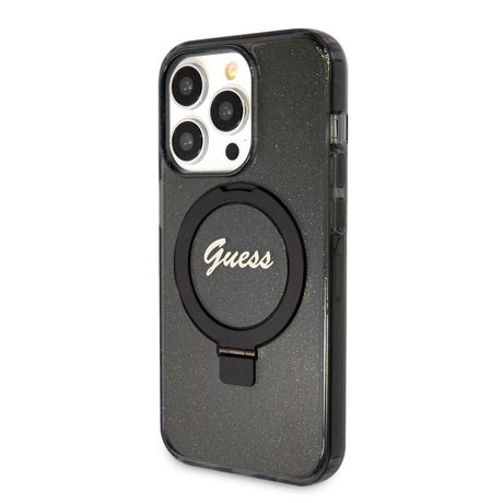 Apple iPhone 15 Pro Max Kılıf Guess Orjinal Lisanslı M-safe Şarj Özellikli Simli Arka Yüzey Ring Standlı Kapak