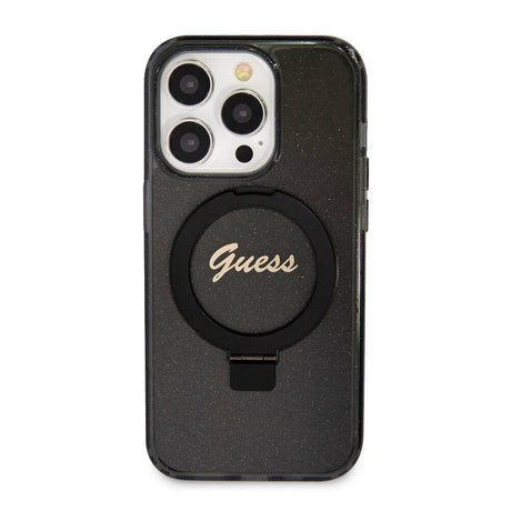 Apple iPhone 15 Pro Max Kılıf Guess Orjinal Lisanslı M-safe Şarj Özellikli Simli Arka Yüzey Ring Standlı Kapak