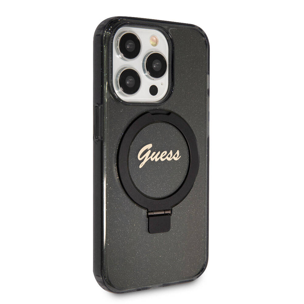 Apple iPhone 15 Pro Max Kılıf Guess Orjinal Lisanslı M-safe Şarj Özellikli Simli Arka Yüzey Ring Standlı Kapak