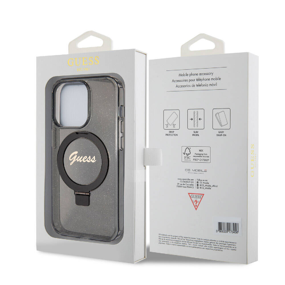 Apple iPhone 15 Pro Max Kılıf Guess Orjinal Lisanslı M-safe Şarj Özellikli Simli Arka Yüzey Ring Standlı Kapak