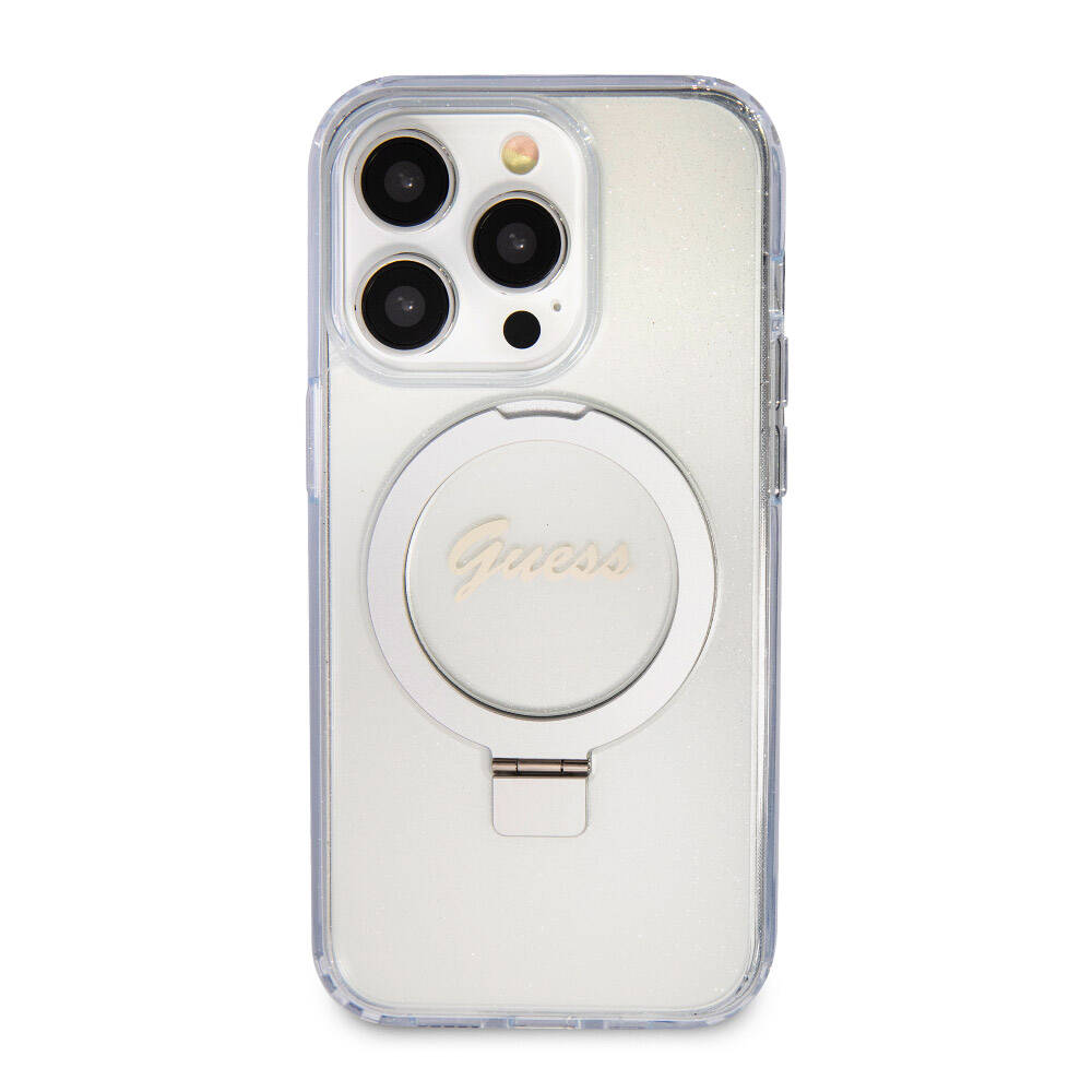 Apple iPhone 15 Pro Max Kılıf Guess Orjinal Lisanslı M-safe Şarj Özellikli Simli Arka Yüzey Ring Standlı Kapak