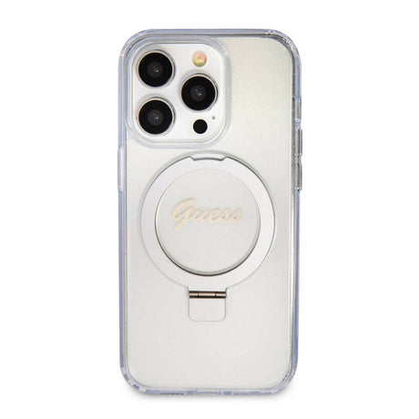 Apple iPhone 15 Pro Max Kılıf Guess Orjinal Lisanslı M-safe Şarj Özellikli Simli Arka Yüzey Ring Standlı Kapak