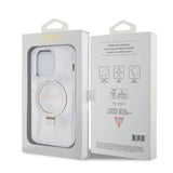 Apple iPhone 15 Pro Max Kılıf Guess Orjinal Lisanslı M-safe Şarj Özellikli Simli Arka Yüzey Ring Standlı Kapak