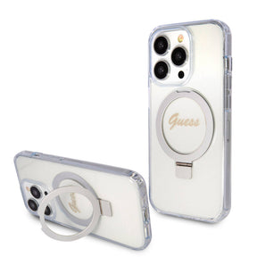 Apple iPhone 15 Pro Max Kılıf Guess Orjinal Lisanslı M-safe Şarj Özellikli Simli Arka Yüzey Ring Standlı Kapak