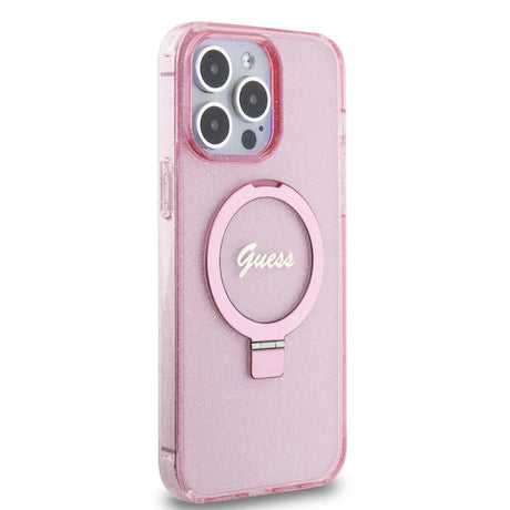 Apple iPhone 15 Pro Max Kılıf Guess Orjinal Lisanslı M-safe Şarj Özellikli Simli Arka Yüzey Ring Standlı Kapak