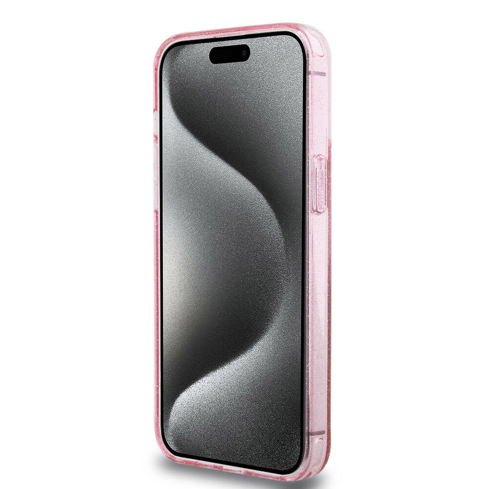 Apple iPhone 15 Pro Max Kılıf Guess Orjinal Lisanslı M-safe Şarj Özellikli Simli Arka Yüzey Ring Standlı Kapak