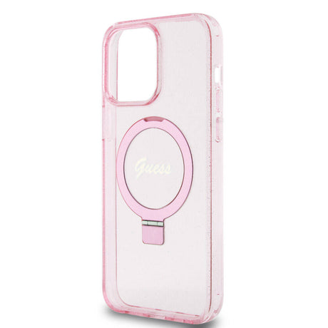 Apple iPhone 15 Pro Max Kılıf Guess Orjinal Lisanslı M-safe Şarj Özellikli Simli Arka Yüzey Ring Standlı Kapak