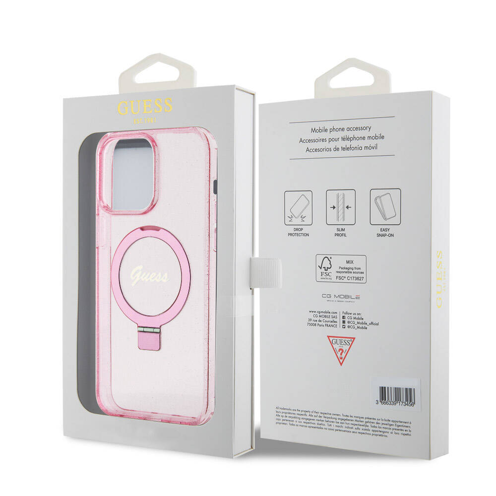 Apple iPhone 15 Pro Max Kılıf Guess Orjinal Lisanslı M-safe Şarj Özellikli Simli Arka Yüzey Ring Standlı Kapak