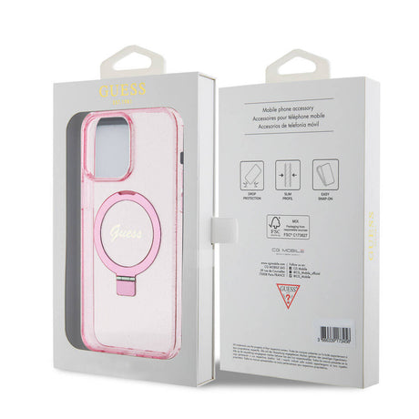 Apple iPhone 15 Pro Max Kılıf Guess Orjinal Lisanslı M-safe Şarj Özellikli Simli Arka Yüzey Ring Standlı Kapak
