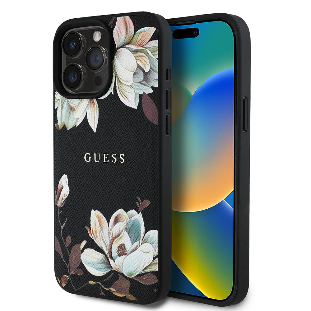 Apple iPhone 15 Pro Max Kılıf Guess Orjinal Lisanslı M-safe Şarj Özellikli Taneli Çiçek Tasarımlı Metal Yazı Logolu Kapak