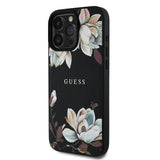 Apple iPhone 15 Pro Max Kılıf Guess Orjinal Lisanslı M-safe Şarj Özellikli Taneli Çiçek Tasarımlı Metal Yazı Logolu Kapak