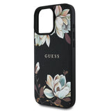 Apple iPhone 15 Pro Max Kılıf Guess Orjinal Lisanslı M-safe Şarj Özellikli Taneli Çiçek Tasarımlı Metal Yazı Logolu Kapak