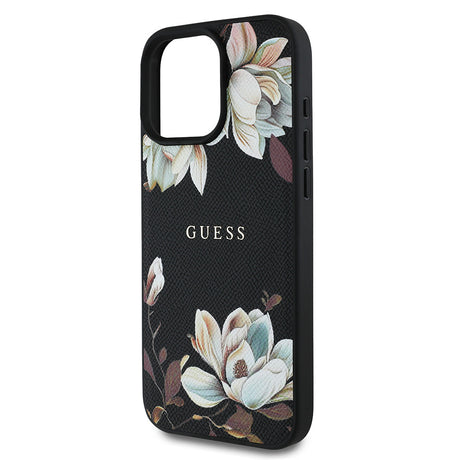 Apple iPhone 15 Pro Max Kılıf Guess Orjinal Lisanslı M-safe Şarj Özellikli Taneli Çiçek Tasarımlı Metal Yazı Logolu Kapak