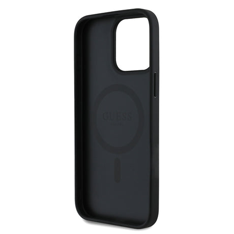 Apple iPhone 15 Pro Max Kılıf Guess Orjinal Lisanslı M-safe Şarj Özellikli Taneli Çiçek Tasarımlı Metal Yazı Logolu Kapak