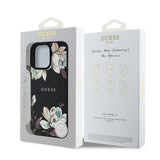 Apple iPhone 15 Pro Max Kılıf Guess Orjinal Lisanslı M-safe Şarj Özellikli Taneli Çiçek Tasarımlı Metal Yazı Logolu Kapak