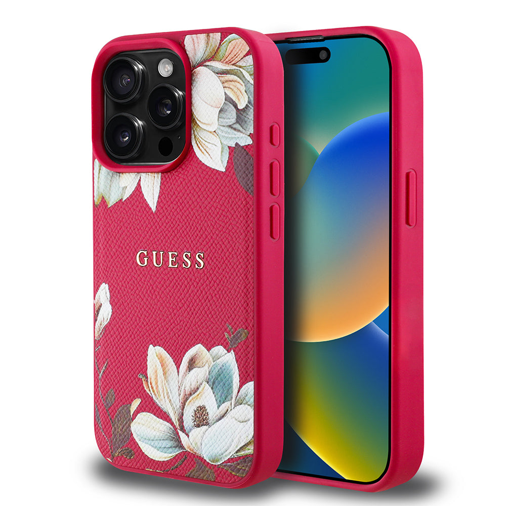 Apple iPhone 15 Pro Max Kılıf Guess Orjinal Lisanslı M-safe Şarj Özellikli Taneli Çiçek Tasarımlı Metal Yazı Logolu Kapak