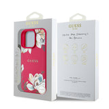 Apple iPhone 15 Pro Max Kılıf Guess Orjinal Lisanslı M-safe Şarj Özellikli Taneli Çiçek Tasarımlı Metal Yazı Logolu Kapak