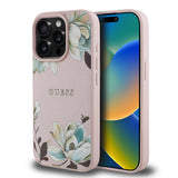 Apple iPhone 15 Pro Max Kılıf Guess Orjinal Lisanslı M-safe Şarj Özellikli Taneli Çiçek Tasarımlı Metal Yazı Logolu Kapak
