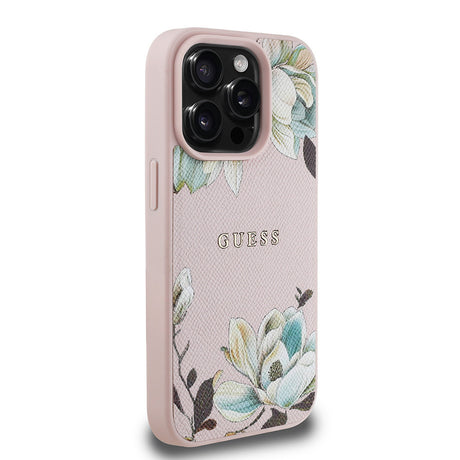 Apple iPhone 15 Pro Max Kılıf Guess Orjinal Lisanslı M-safe Şarj Özellikli Taneli Çiçek Tasarımlı Metal Yazı Logolu Kapak