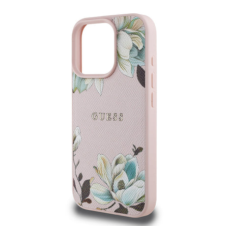 Apple iPhone 15 Pro Max Kılıf Guess Orjinal Lisanslı M-safe Şarj Özellikli Taneli Çiçek Tasarımlı Metal Yazı Logolu Kapak