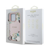 Apple iPhone 15 Pro Max Kılıf Guess Orjinal Lisanslı M-safe Şarj Özellikli Taneli Çiçek Tasarımlı Metal Yazı Logolu Kapak