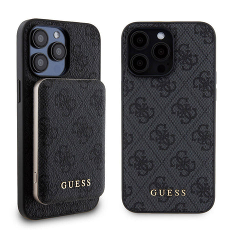 Apple iPhone 15 Pro Max Kılıf Guess Orjinal Lisanslı M-safe Şarj Özellikli Yazı Logolu 4G Desenli Kapak + Powerbank 5000mAh 2in1 Set