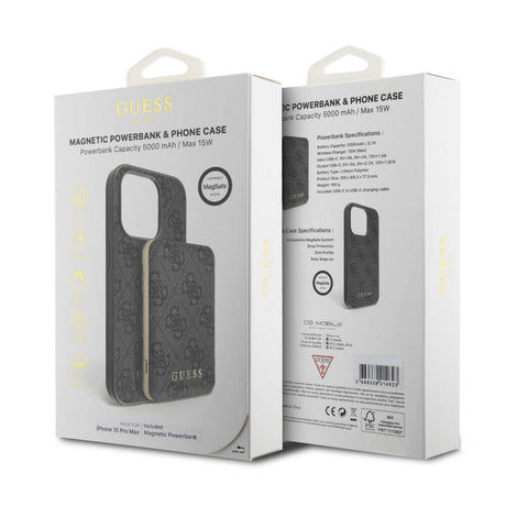 Apple iPhone 15 Pro Max Kılıf Guess Orjinal Lisanslı M-safe Şarj Özellikli Yazı Logolu 4G Desenli Kapak + Powerbank 5000mAh 2in1 Set