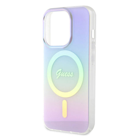 Apple iPhone 15 Pro Max Kılıf Guess Orjinal Lisanslı M-safe Şarj Özellikli Yazı Logolu Iridescent Kapak
