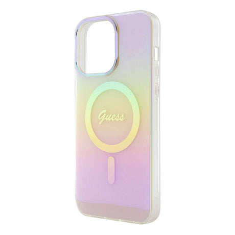 Apple iPhone 15 Pro Max Kılıf Guess Orjinal Lisanslı M-safe Şarj Özellikli Yazı Logolu Iridescent Kapak