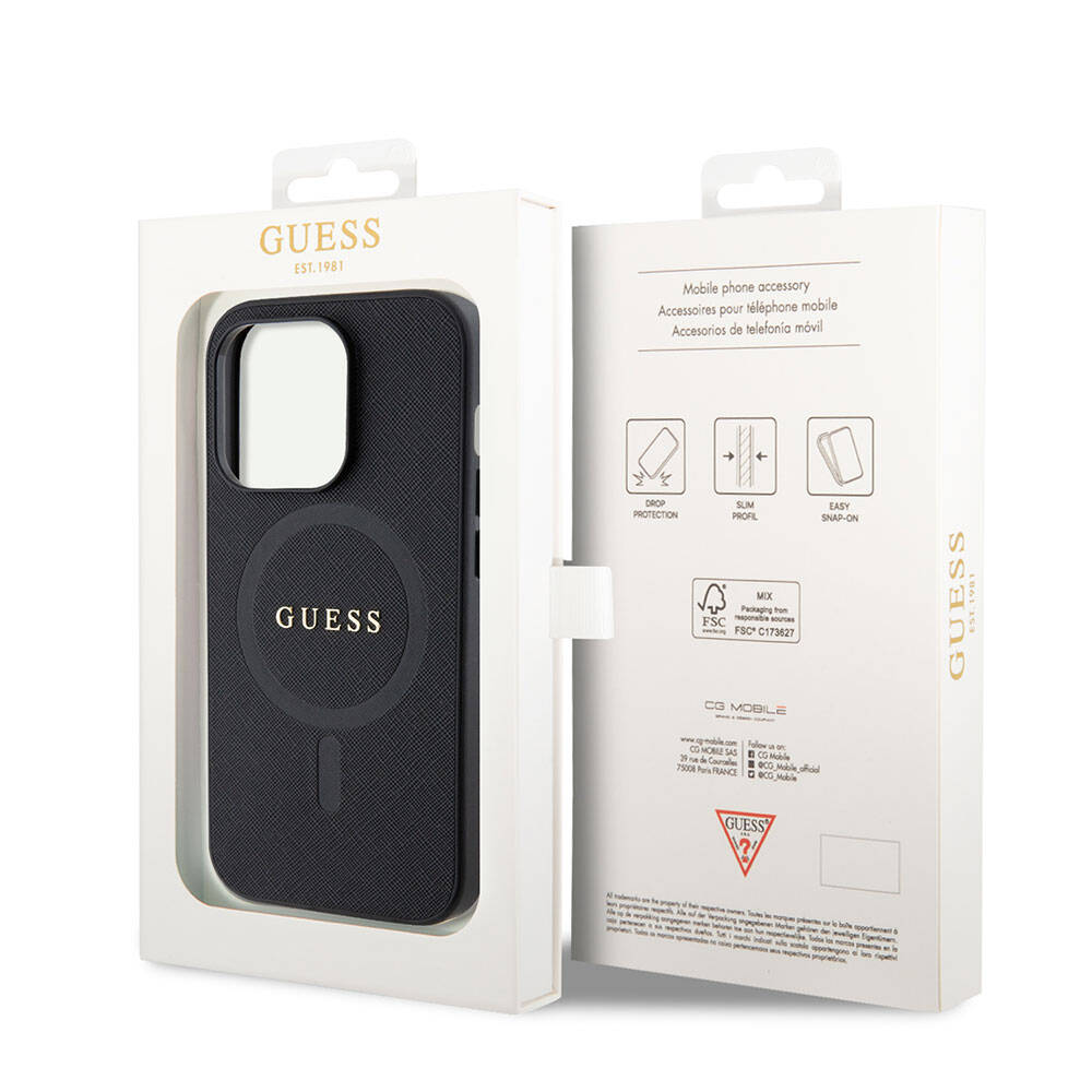 Apple iPhone 15 Pro Max Kılıf Guess Orjinal Lisanslı M-safe Şarj Özellikli Yazı Logolu Saffiano Kapak