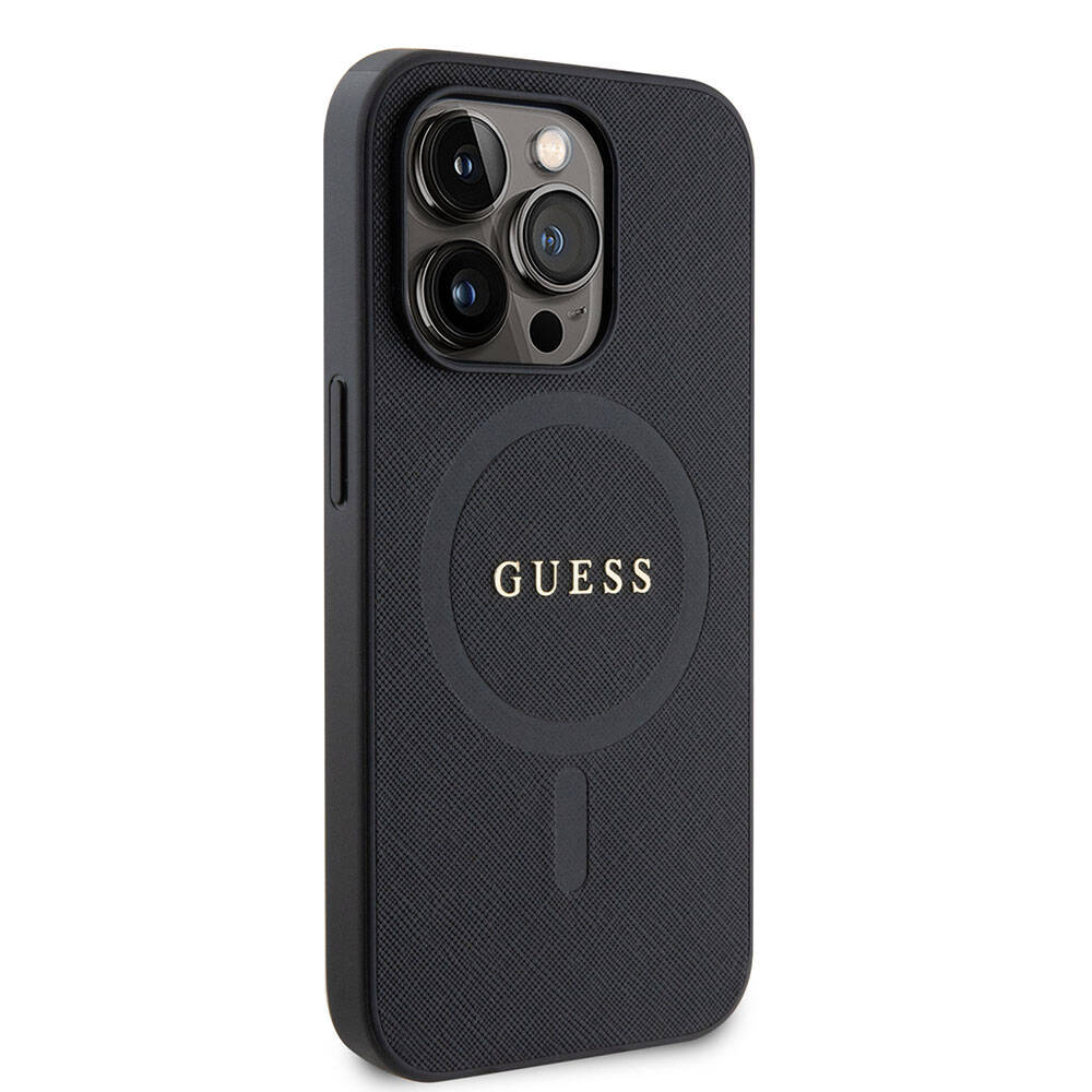 Apple iPhone 15 Pro Max Kılıf Guess Orjinal Lisanslı M-safe Şarj Özellikli Yazı Logolu Saffiano Kapak