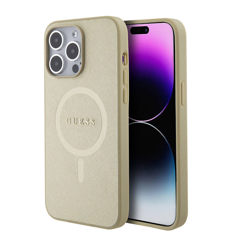 Apple iPhone 15 Pro Max Kılıf Guess Orjinal Lisanslı M-safe Şarj Özellikli Yazı Logolu Saffiano Kapak