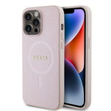 Apple iPhone 15 Pro Max Kılıf Guess Orjinal Lisanslı M-safe Şarj Özellikli Yazı Logolu Saffiano Kapak