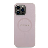 Apple iPhone 15 Pro Max Kılıf Guess Orjinal Lisanslı M-safe Şarj Özellikli Yazı Logolu Saffiano Kapak