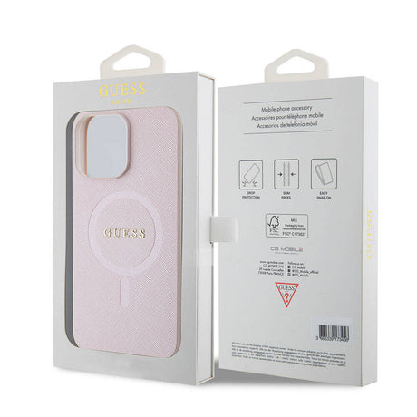 Apple iPhone 15 Pro Max Kılıf Guess Orjinal Lisanslı M-safe Şarj Özellikli Yazı Logolu Saffiano Kapak