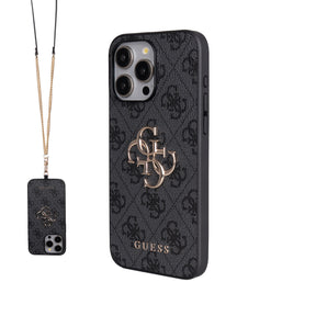 Apple iPhone 15 Pro Max Kılıf Guess Orjinal Lisanslı PU Deri 4G Büyük Metal Logolu Çapraz Vücut Askılı Kapak