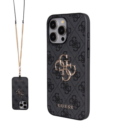 Apple iPhone 15 Pro Max Kılıf Guess Orjinal Lisanslı PU Deri 4G Büyük Metal Logolu Çapraz Vücut Askılı Kapak