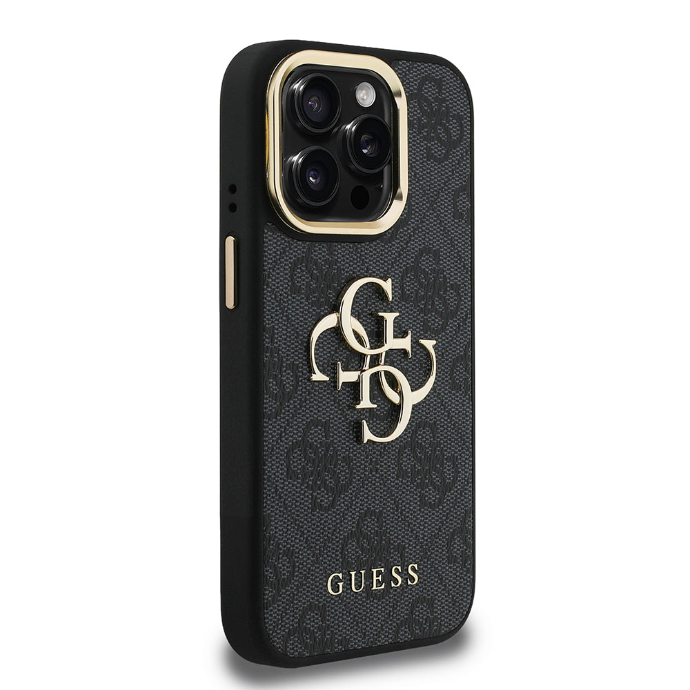 Apple iPhone 15 Pro Max Kılıf Guess Orjinal Lisanslı PU Deri 4G Desenli Metal Büyük 4G ve Yazı Logolu Kamera Standlı Kapak
