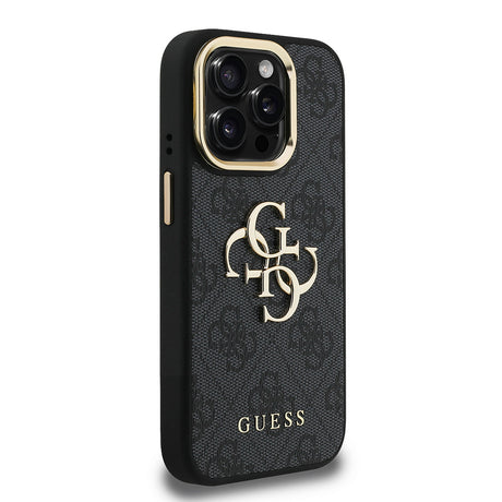 Apple iPhone 15 Pro Max Kılıf Guess Orjinal Lisanslı PU Deri 4G Desenli Metal Büyük 4G ve Yazı Logolu Kamera Standlı Kapak