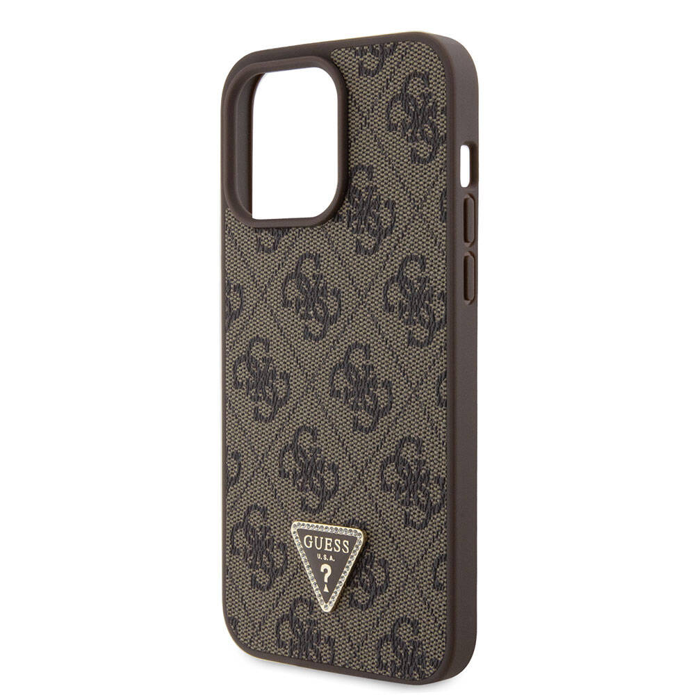 Apple iPhone 15 Pro Max Kılıf Guess Orjinal Lisanslı PU Deri Askılı Taşlı Üçgen Logo 4G Desenli Strass Crossbody Kapak