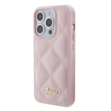 Apple iPhone 15 Pro Max Kılıf Guess Orjinal Lisanslı PU Deri Metal Yazı Logolu Kapitone Kapak