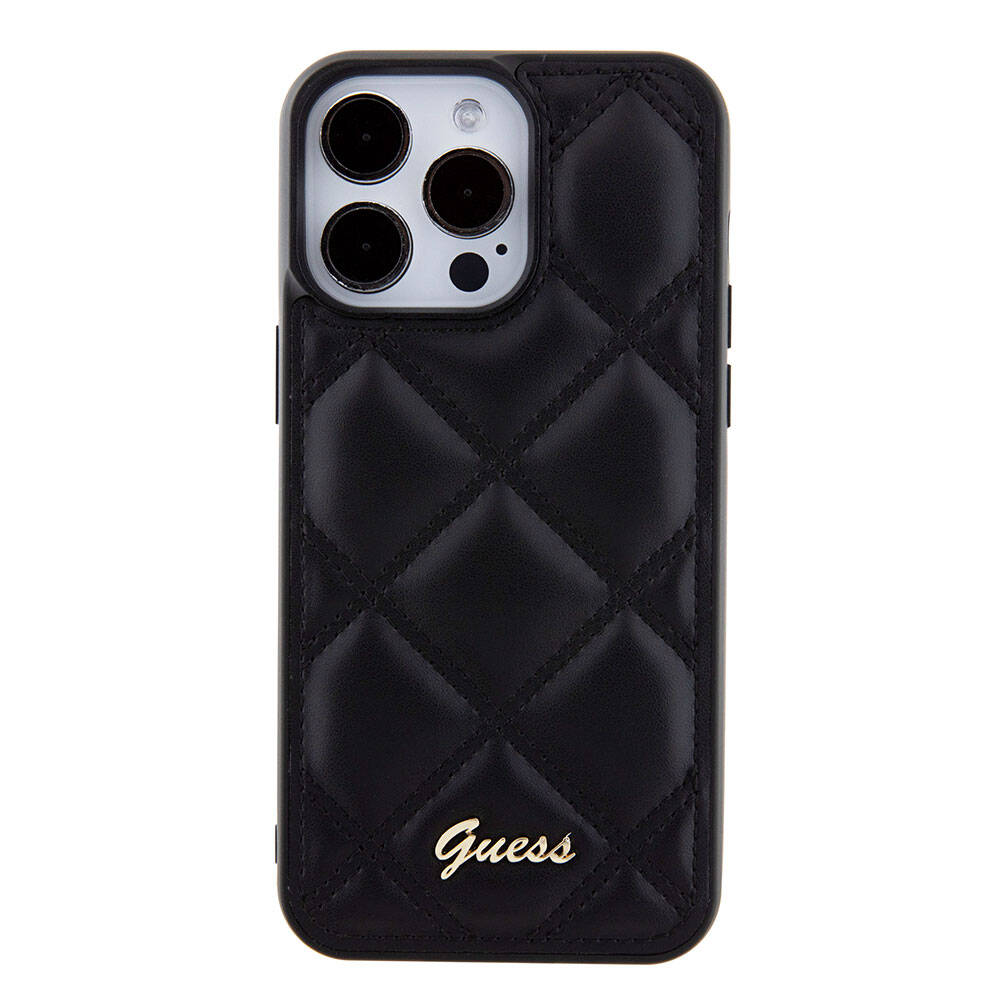 Apple iPhone 15 Pro Max Kılıf Guess Orjinal Lisanslı PU Deri Metal Yazı Logolu Kapitone Kapak