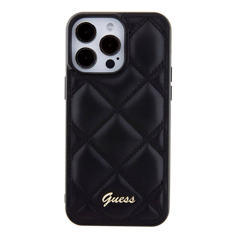 Apple iPhone 15 Pro Max Kılıf Guess Orjinal Lisanslı PU Deri Metal Yazı Logolu Kapitone Kapak