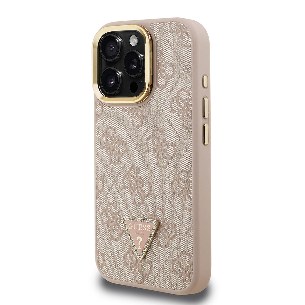 Apple iPhone 15 Pro Max Kılıf Guess Orjinal Lisanslı PU Deri Taşlı Üçgen Logo 4G Desenli Kamera Standlı Kapak