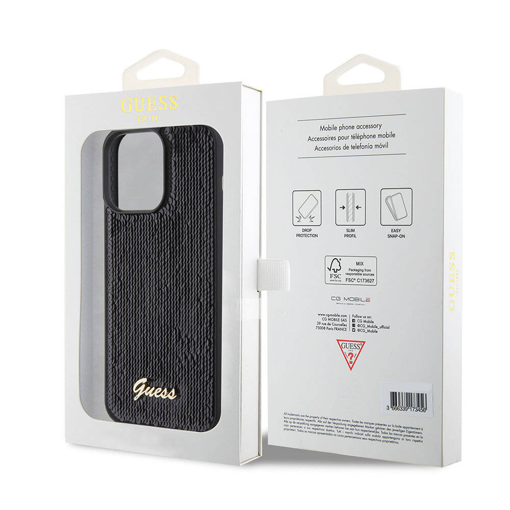 Apple iPhone 15 Pro Max Kılıf Guess Orjinal Lisanslı Pullu Arka Yüzey Metal Yazı Logolu Sequin Script Kapak